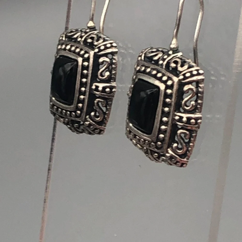 Vintage Byzantine Onyx Sterling Silver Earrings 925 Square Dangle Gothic Wire